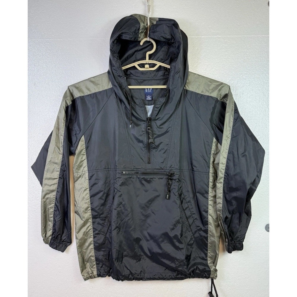 GAP Jacket Mens Sz M Navy Hooded Anorak Windbreaker Pullover Zip Pocket Y2K